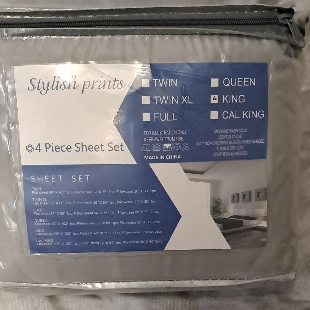 NWT Stylish Prints GRAY 4-Piece Sheet Set KING SZ
